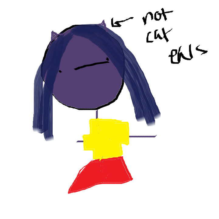 A shitty MS paint drawing of a purple tiefling with a yellow shirt and red skirt. There's an arrow pointing to her horns with the caption NOT CAT EARS.